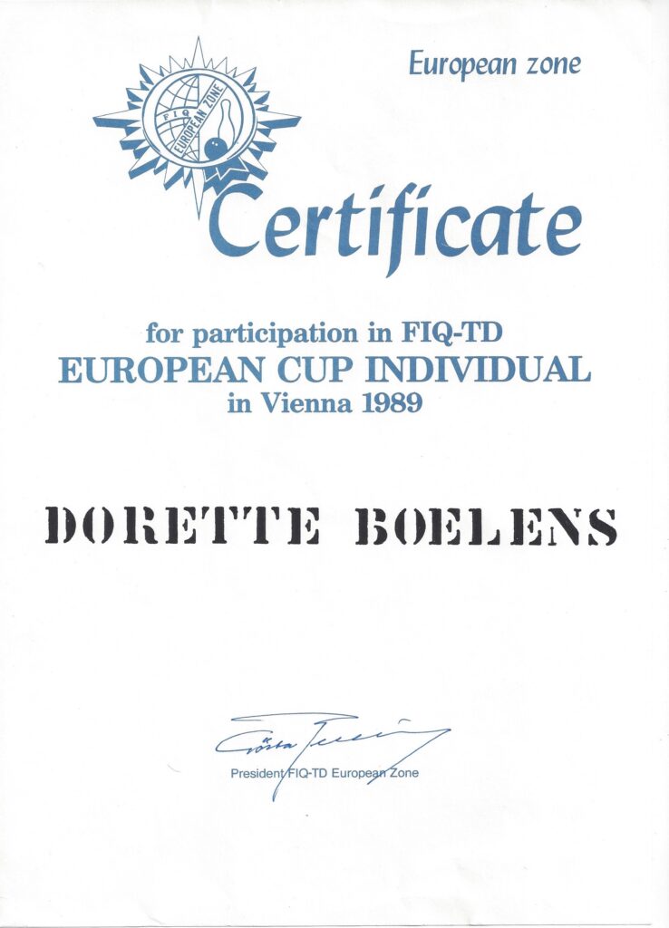 1989 Certificate FIQ-TD European Cup Individual Vienna